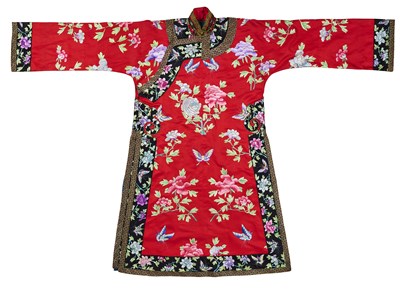 Lot 62 - A CHINESE CORAL-RED GROUND EMBROIDERED SILK WOMAN'S ROBE, CHANGYI, LATE QING DYNASTY