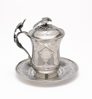 Lot 46 - A SILVER SAHLEP CUP, COVER AND SAUCER, OTTOMAN EMPIRE, SULTAN ABDULHAMID II PERIOD (1876-1909)