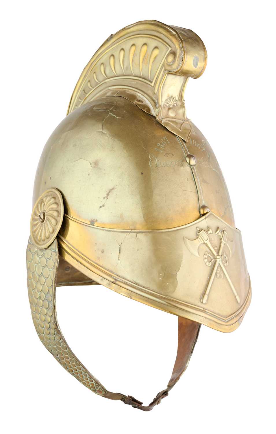 Lot 16 - A FRENCH COPPER ALLOY FIREMAN'S HELMET, ETAMPES, DATED 1867