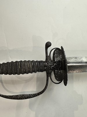 Lot 249 - A VERY FINE ENGLISH SMALL-SWORD WITH CHISELLED IRON HILT, CIRCA 1760