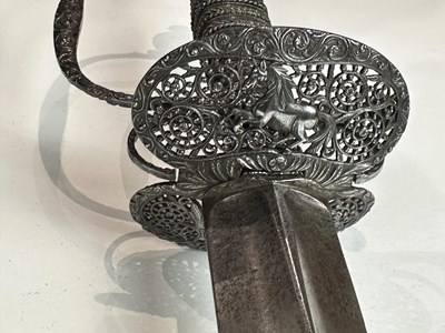 Lot 249 - A VERY FINE ENGLISH SMALL-SWORD WITH CHISELLED IRON HILT, CIRCA 1760