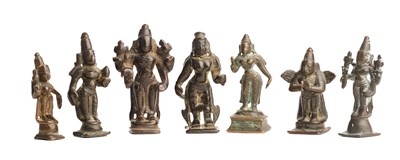 Lot 131 - SEVEN SMALL BRONZE FIGURES OF HINDU DEITIES, TAMIL NADU, SOUTH INDIA, 18TH/19TH CENTURY