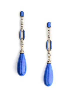 Lot 320 - A PAIR OF LAPIS LAZULI AND DIAMOND PENDENT EARRINGS