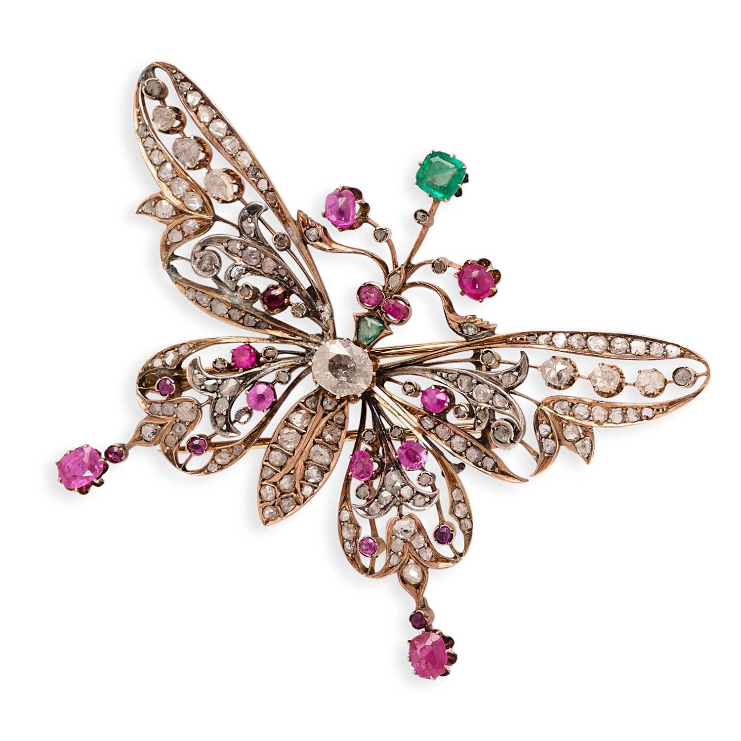 Lot 357 - DIAMOND, RUBY AND EMERALD BROOCH, 1890s