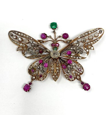 Lot 357 - DIAMOND, RUBY AND EMERALD BROOCH, 1890s