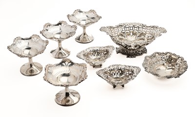 Lot 239 - A GROUP OF EIGHT ASSORTED ENGLISH SILVER SWEETMEAT DISHES, BIRMINGHAM, 1893-1915