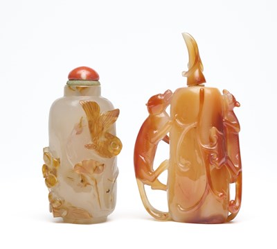 Lot 86 - TWO CHINESE CARVED AGATE SNUFF BOTTLES