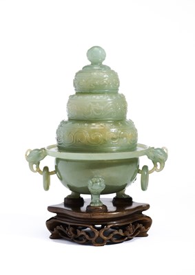 Lot 75 - A CHINESE THREE-TIERED JADE TRIPOD CENSER AND COVER