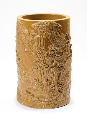 Lot 65 - A CHINESE CARVED PORCELAIN IMMITATION BAMBOO BRUSHPOT, BITONG