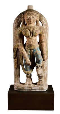 Lot 136 - A CARVED AND PAINTED SANDSTONE FEMALE FIGURE, GUJARAT, WESTERN INDIA, 18TH/19TH CENTURY