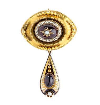 Lot 339 - GOLD, ENAMEL, GARNET AND HALF-PEARL BROOCH, 1870s