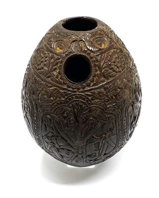 Lot 80 - A CARVED COCONUT HUQQA BASE, INDO-PERSIAN, 19TH CENTURY