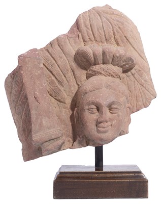 Lot 156 - A KUSHAN MOTTLED PINK SANDSTONE RELIEF FRAGMENT, MATHURA, INDIA, 2ND/3RD CENTURY A.D.