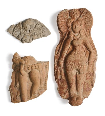 Lot 505 - THREE FRAGMENTARY TERRACOTTA RELIEF PLAQUES, PROBABLY CHANDRAKETUGARH, INDIA, CIRCA 1ST CENTURY B.C.