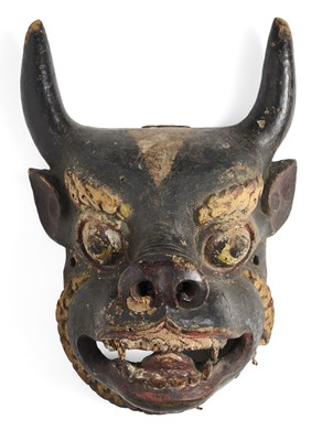 Lot 145 - A CARVED AND PAINTED WOOD MASK OF VAJRABHAIRAVA, TIBET, 19TH CENTURY