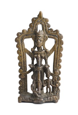 Lot 548 - A FOLK BRONZE SHRINE DEPICTING YASHODA CHURNING BUTTER, MAHARASHTRA, 18TH/19TH CENTURY