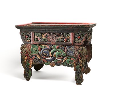 Lot 144 - A CARVED AND PAINTED WOOD ALTAR TABLE, TIBET, 17TH/18TH CENTURY