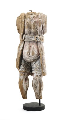 Lot 118 - A FRAGMENTARY JAPANESE CARVED AND POLYCHROME WOOD FIGURE, PROBABLY KAMAKURA PERIOD, 13TH CENTURY