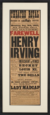 Lot 76 - A VINTAGE PLAYBILL ADVERTISING THE FAREWELL OF HENRY IRVING AND HIS COMPANY