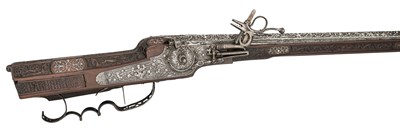 Lot 360 - AN IMPORTANT HIGHLY DECORATED 28 BORE GERMAN WHEEL-LOCK SPORTING RIFLE STOCKED BY THE SO-CALLED MEISTER DER TIERKOPFRANKE, DATED 1628