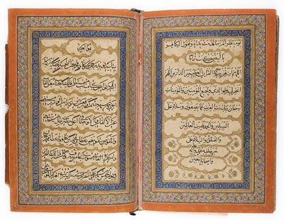 Lot 26 - FIVE SURAS OF AN ILLUMINATED QUR'AN, PROBABLY KASHMIR, SIGNED MUHAMMAD TAQI, DATED 1810-11 A.D