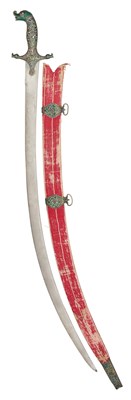 Lot 95 - AN INDIAN SWORD WITH ENAMELLED SILVER MOUNTS (SHAMSHIR), MID-19TH CENTURY, PROBABLY LUCKNOW