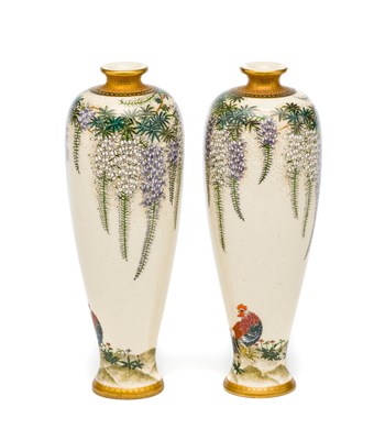 Lot 8 - A PAIR OF JAPANESE SATSUMA BUD VASES^ MEIJI...