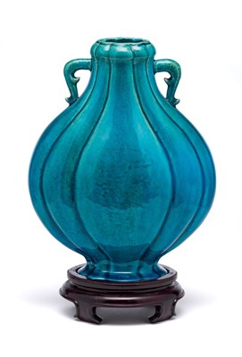 Lot 23 - A CHINESE TURQUOISE-GLAZED MOON FLASK^ 19TH /...