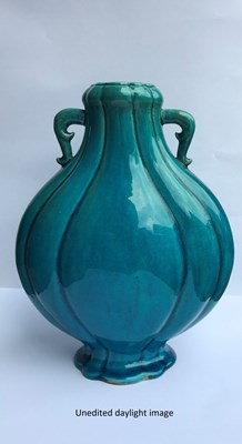 Lot 23 - A CHINESE TURQUOISE-GLAZED MOON FLASK^ 19TH /...