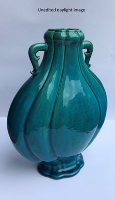Lot 23 - A CHINESE TURQUOISE-GLAZED MOON FLASK^ 19TH /...