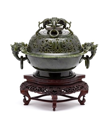 Lot 55 - A CHINESE SPINACH JADE ARCHAISTIC CENSER AND...