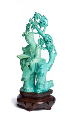 Lot 65 - A CHINESE CARVED TURQUOISE FIGURE OF A MAIDEN^...