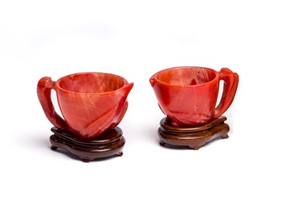 Lot 67 - A PAIR OF CHINESE AGATE ~PEACH~ CUPS^ EARLY...