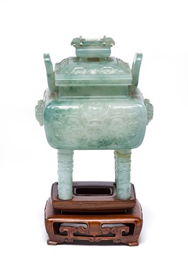 Lot 69 - A CHINESE ARCHAISTIC JADEITE CENSER AND COVER^...