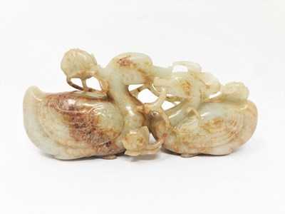 Lot 71 - ˜A CHINESE CARVED CELADON JADE ~MANDARIN DUCK~...