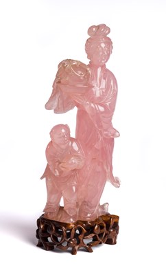 Lot 76 - A CHINESE CARVED ROSE QUARTZ MOTHER AND CHILD...