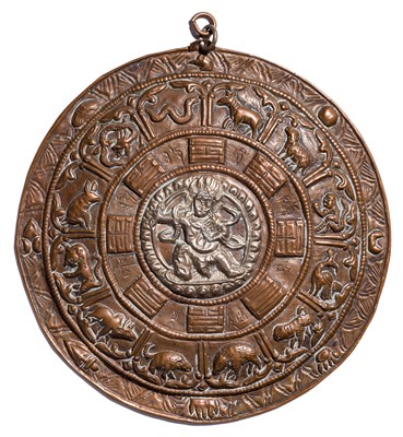 Lot 106 - A COPPER REPOUSSE ZODIAC MANDALA^ TIBET^ 19TH...