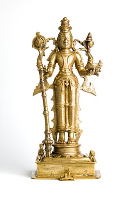 Lot 121 - A LARGE BRASS FIGURE OF VISHNU^ DECCAN^...