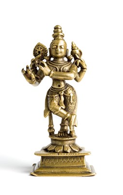 Lot 123 - A BRASS FIGURE OF KRISHNA VENUGOPALA^ WESTERN...