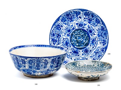 Lot 191 - A LATE SAFAVID BLUE AND WHITE DISH^ PERSIA^...