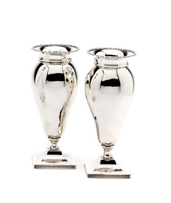 Lot 338 - A PAIR OF GEORGE V SILVER VASES^ COOPER...