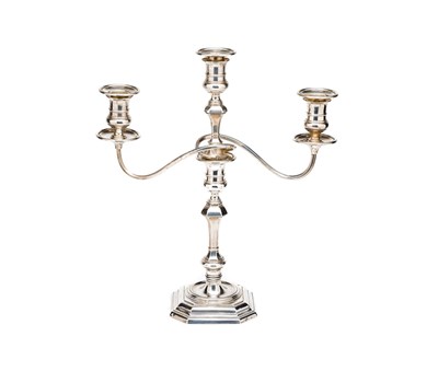 Lot 348 - AN EDWARDIAN SILVER THREE-LIGHT CANDELABRUM^...