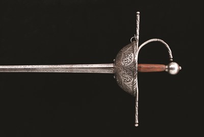 Lot 55 - A SPANISH CUP-HILT RAPIER LAST QUARTER OF THE 17TH CENTURY with tapering blade stamped '--- in Solin
