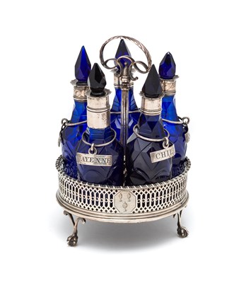 Lot 382 - A GEORGE III SILVER CRUET SET^ CHARLES HUNTER^...