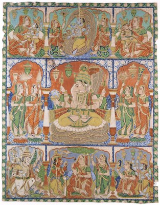 Lot 227 - A LARGE COLOURED PRINT DEPICTING GANESHA, DECCAN, SOUTHERN INDIA, 19TH CENTURY