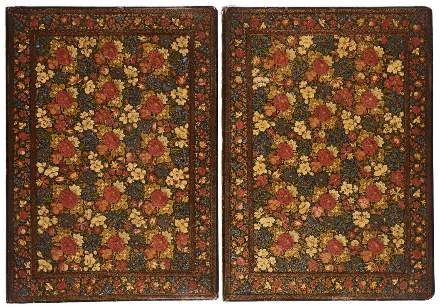 Lot 205 - to be RTO: A PAIR OF PAINTED PAPIER MACHE FOLDER COVERS, KASHMIR, LATE 19TH CENTURY