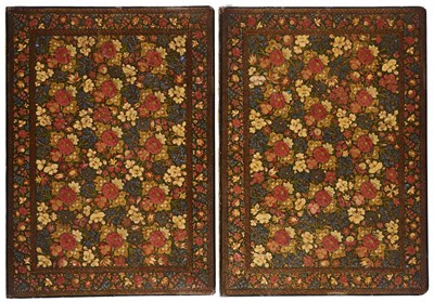 Lot 205 - A PAIR OF PAINTED PAPIER MACHE FOLDER COVERS, KASHMIR, LATE 19TH CENTURY