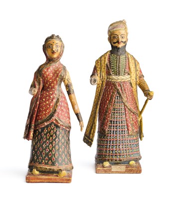 Lot 203 - A PAIR OF SMALL CARVED AND PAINTED WOOD FIGURES, POSSIBLY PONDICHERRY, SOUTHERN INDIA, CIRCA 1880