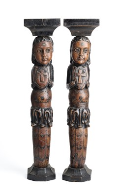 Lot 200 - A PAIR OF WOOD ATLANTES FROM A CONTADOR, GOA, CIRCA 17TH CENTURY