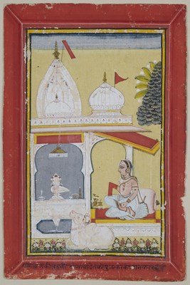 Lot 211 - A FEMALE WORSHIPPER AT A SIVA SHRINE, RAJASTHAN, EARLY 19TH CENTURY